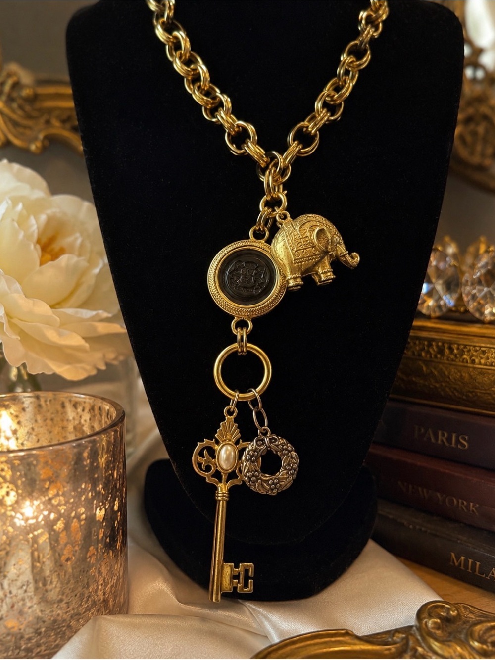 Vintage Gold Charm Pendant Necklace with Intaglio, Wreath,   & Elephant